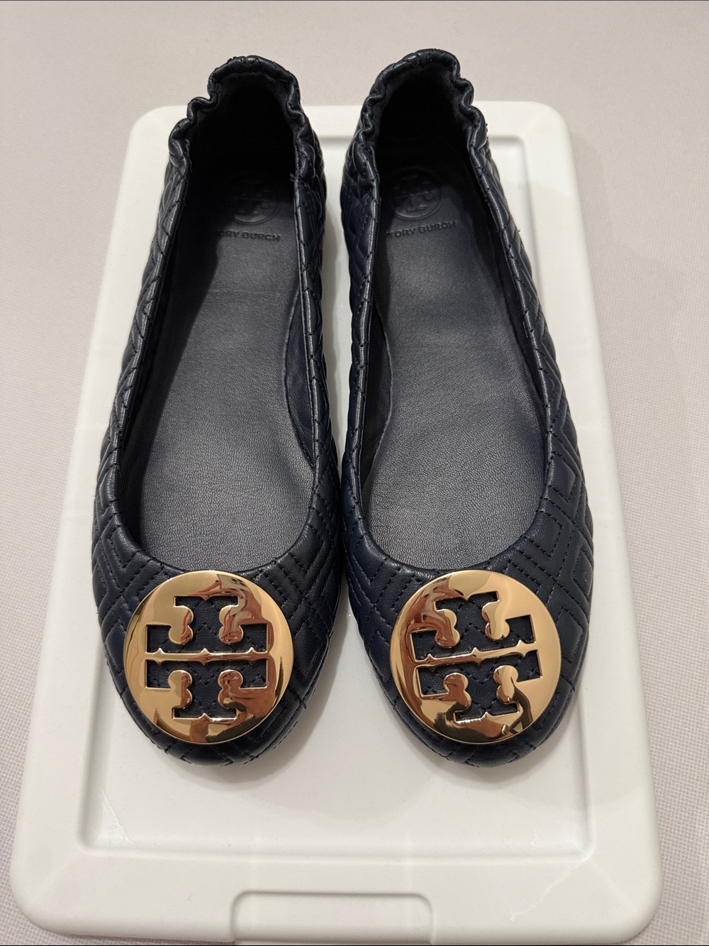 NWOT Tory Burch Quilted Navy Leather Minnie Ballet Flats with Gold -never worn